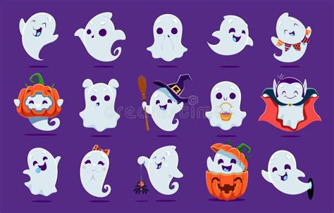 Cartoon Cute Kawaii Halloween Ghost Monsters Stock Vector ...