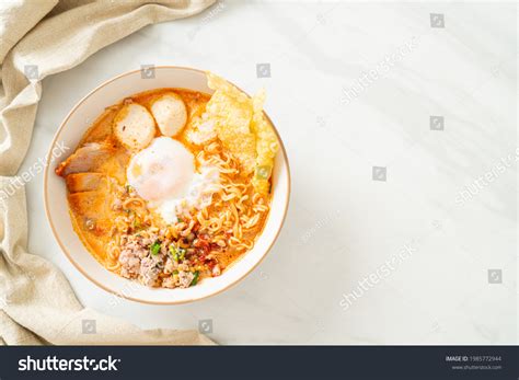 Instant Noodles Pork Meatballs Spicy Soup Stock Photo 1985772944