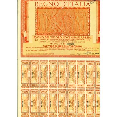 194002 Buono Del Tesoro Novennale A Premi 5 Lire 500 Non Cancellato Roma