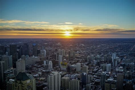 Premium Photo | Chicago skyline sunset with twilight sky and lake ...