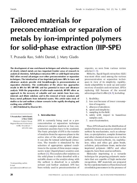 Pdf Tailored Materials For Preconcentration Or Separation Of Metals