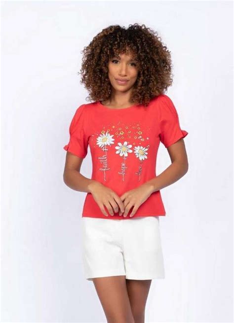 Lamis Tshirt Basica Viscose Estampa Flores Vermelho