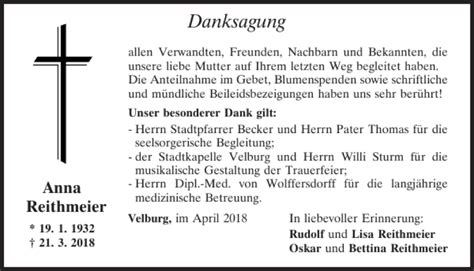 Traueranzeigen Von Anna Reithmeier Mittelbayerische Trauer