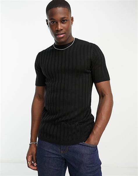 Asos Design Muscle Lightweight Knitted Rib T Shirt In Black Asos