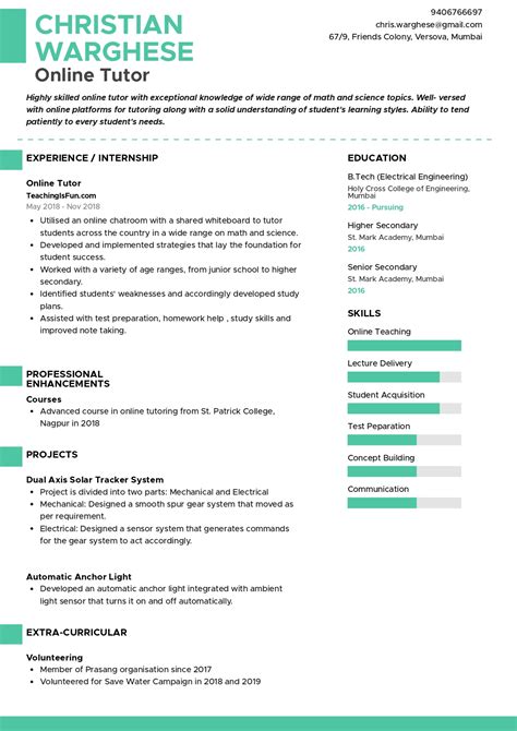 Sample Resume Of Online Tutor With Template Writing Guide Resumod Co