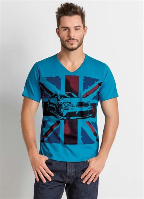 Camiseta Masculina Decote V Azul Estampada Queima De Estoque