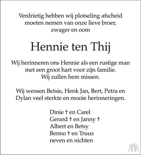 Hennie Ten Thij 30 08 2021 Overlijdensbericht En Condoleances