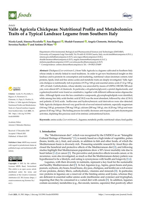 Pdf Valle Agricola Chickpeas Nutritional Profile And Metabolomics