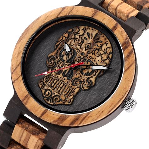 Creative Sandalwood Wooden Watch Men S Skull Quartz Analog Watches Bamboo Strap Ebay