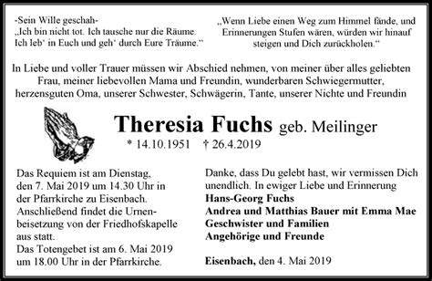 Traueranzeigen Von Theresia Fuchs Trauer Rheinmain De