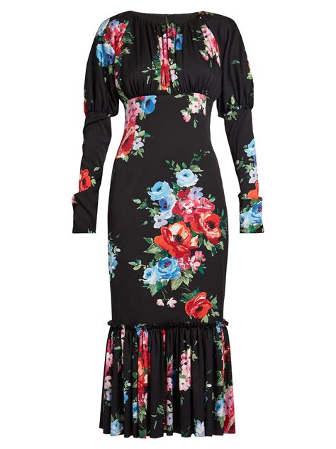 Dolce And Gabbana Rose Print Gathered Hem Charmeuse Dress Charmeuse