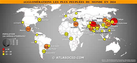 Carte du monde agglomérations les plus peuplées mégapoles