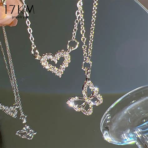 17KM Elegant Butterfly Heart Pendant Necklace Bow Zircon Silver Chain