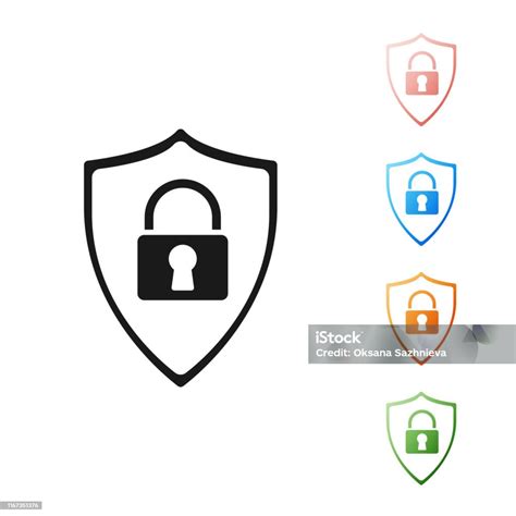 Black Shield Security With Lock Icon Isolated On White Background Protection Safety Password