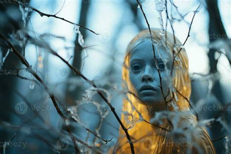 A Statue Of A Woman In The Woods With Icicles Hanging From Her Hair