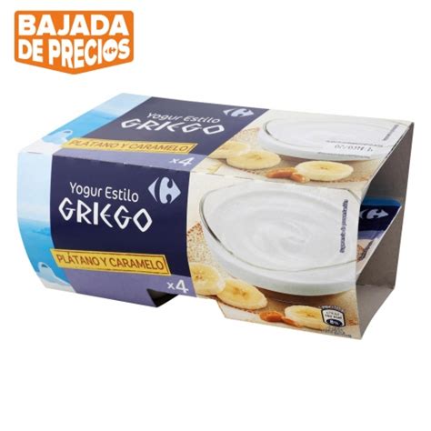 Yogur estilo griego sabor plátano y caramelo Carrefour sin gluten pack