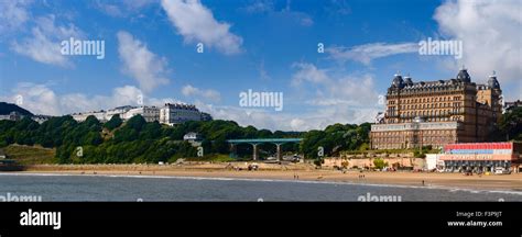 Scarborough beach front showing the Grand Hotel, the spa bridge Stock ...