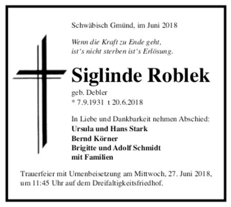 Traueranzeigen Von Siglinde Roblek Trauer De