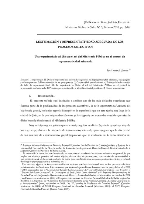 Pdf Legitimación Y Representatividad Adecuada En Los Procesos