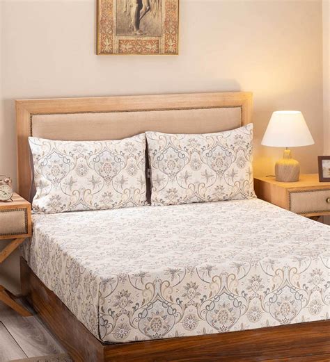 Buy Beige Traditional 300 Tc 100 Cotton Queen Sized Bed Sheets With 2