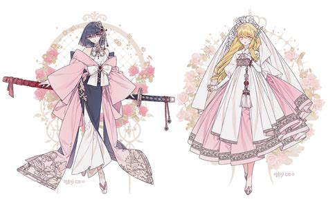 2girls Black Hair Blonde Hair Bow Dress Flowers Gray Eyes Headdress Japanese Clothes Katana