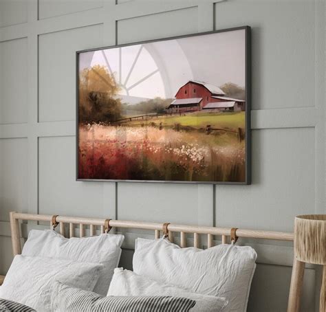 Farmhouse Red Barn Painting Rustic Wall Art Summer Country Landscape