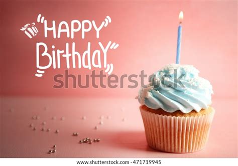 Birthday Cupcake Decorated Candle On Pink Stock Photo 471719945