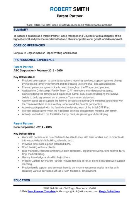 Parent Partner Resume Samples Qwikresume