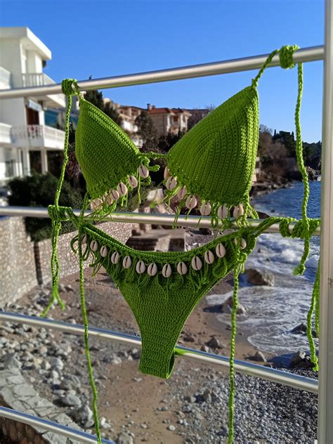 Crochet Bikini Set Lime Pistachio Green With Natural Etsy