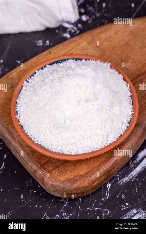 Coconut Powder Grounded Coconut Flakes On Dark Background Earthen