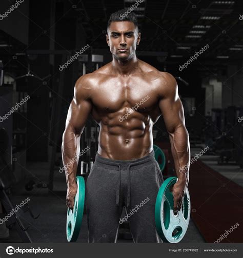 Muscular Man Working Out Gym Strong Arab Male Naked Torso — Stock Photo © Nikolas_jkd #230749092