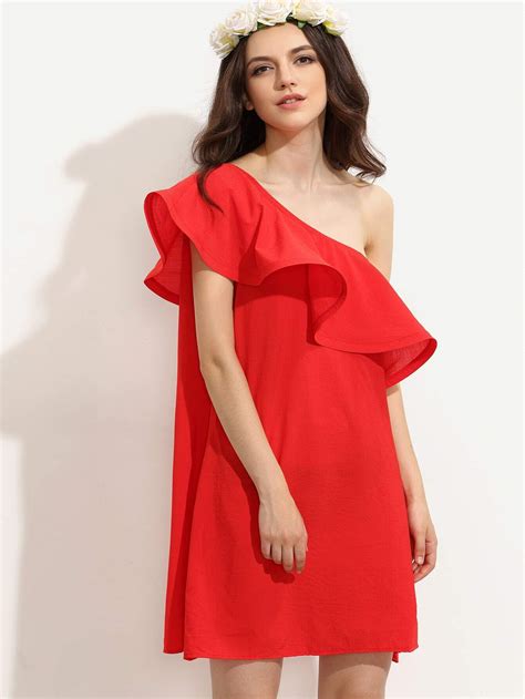 Red Ruffle One Sleeve Shift Dress Shein Sheinside