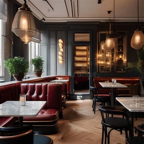 A Parisian Inspired Cafe Interior With Bistro Chairs Marble Tabletops