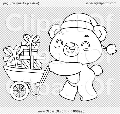 Cartoon Black And White Christmas Teddy Bear Pushing Gifts In A