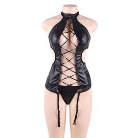 Poup E Noire En Cuir Pu Grande Taille Lingerie Rotique Lacets Dos Nu Costumes Porno Robe
