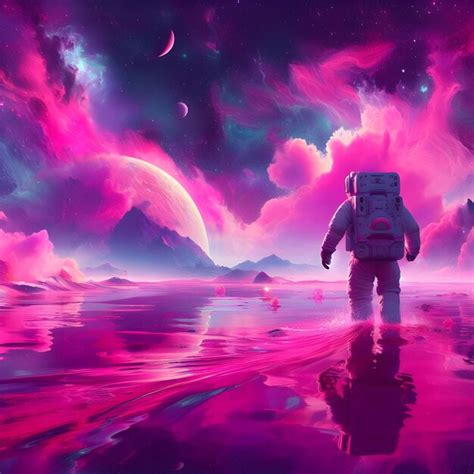 Premium AI Image Astronaut Exploring A Pink Lake On A Unknown Planet