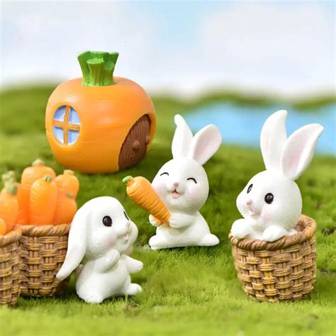 Cute Resin Rabbit Figures House Baskets Carrot Fairy Garden Miniature