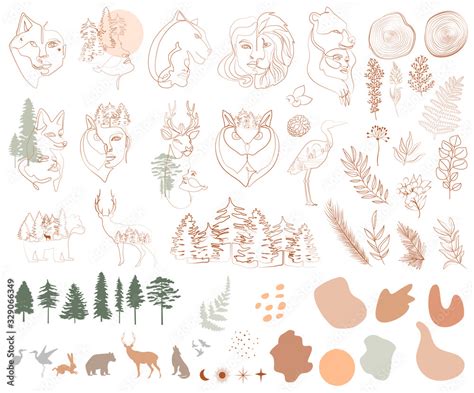 Set of one line style minimalistic objects. Forest animals, woman face ...