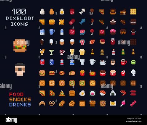 Pixel Art Vector Game Design Icon Video Game Interface Set Food Items Fastfood Drinks