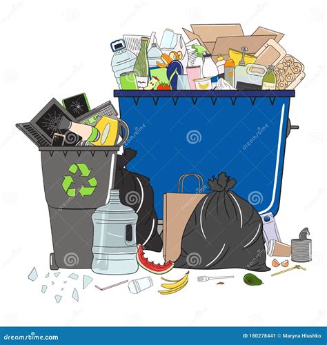 Trash Cans Full Of Garbage And Pile Of Garbage Stock Vector