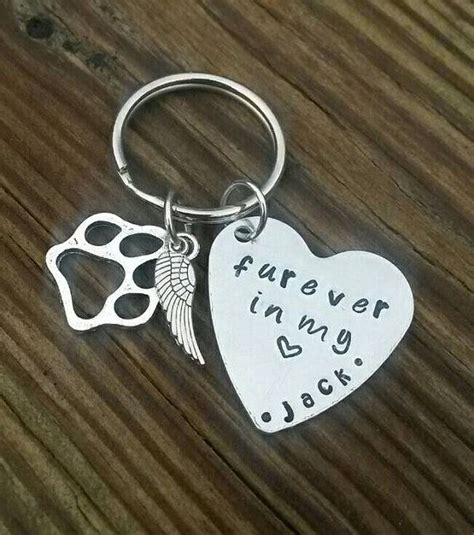 Furever In My Heart Hand Stamped Pet Loss Keychain Paw Print Angel Wing