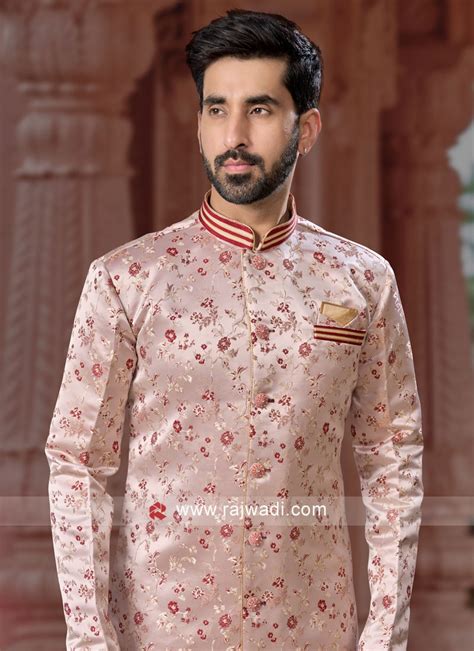 Wedding Wear Jacquard Silk Peach Indowestern Set