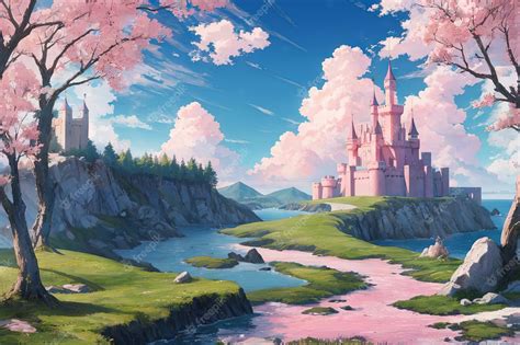 Premium AI Image | A pink castle pink world anime forest sea water ...