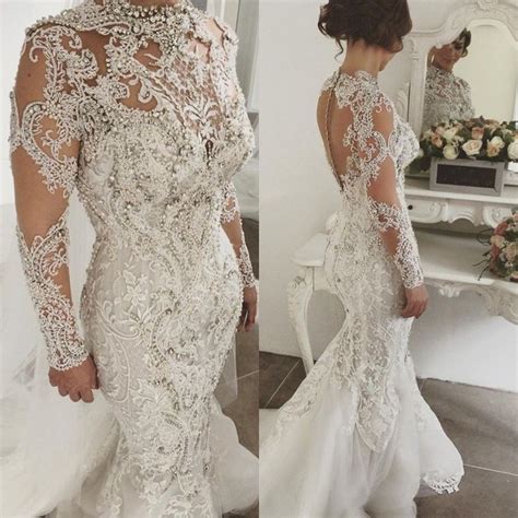 Luxury Rhinestones Mermaid Wedding Dress Bridal Gowns High Neck Beaded