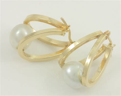 Vintage K Cultured Freshwater Pearl Hoop Earrings Jacmel K Gold