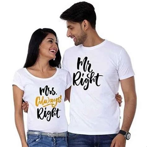 Round Blackwhite Couples Printed Polyester T Shirt Half Sleeves At Rs