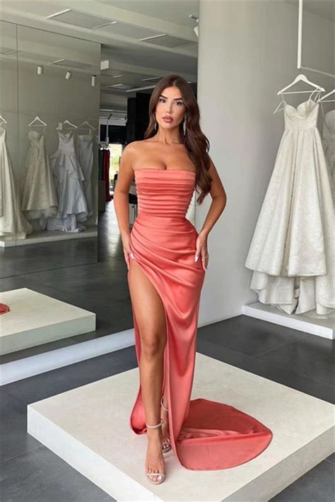 Daisda Amazing Coral Strapless Mermaid Prom Dress With Pleats Slit