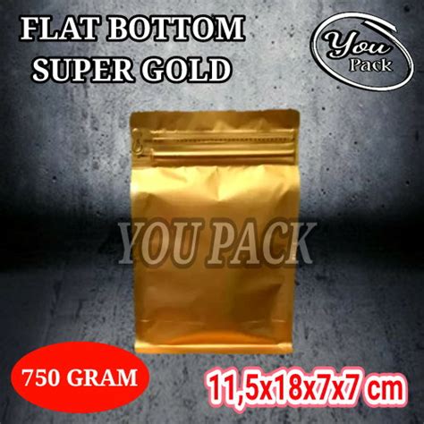 Jual FLAT BOTTOM SUPER GOLD 750 GRAM ZIPPER GUSSET KEMASAN KOPI BUBUK