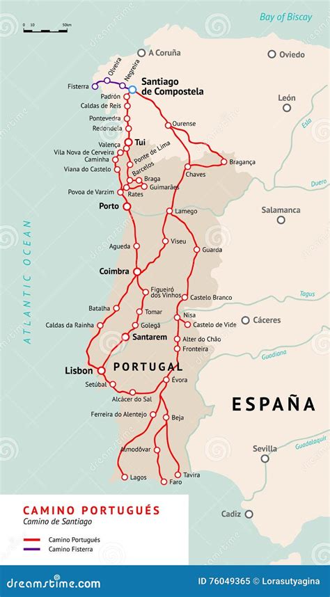 Camino PortuguÃ©s Map. Camino De Santiago Portugal Stock Vector ...