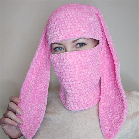 Pink Bunny Balaclava Crochet Fluffy Balaclava With Bunny Ear Inspire